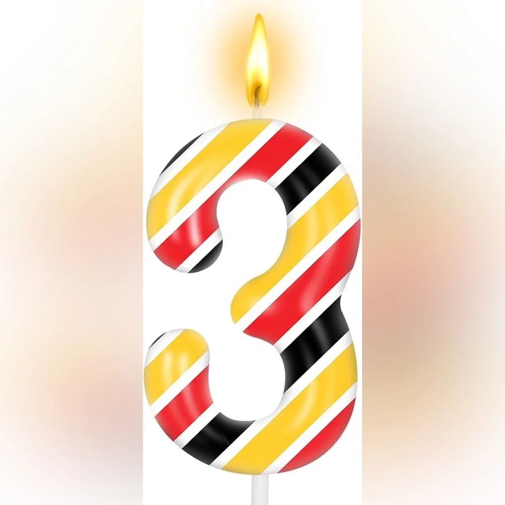 Striped Number 3 Birthday Party Candle Cake Topper - Red, Yellow, and Black